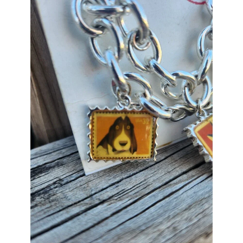 USPS 1998 Animal Stamps Charm Bracelet Dog Bassett Hound Cat Goldfish 7.5” NOS